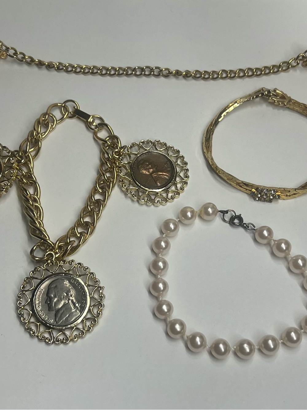 Vintage Gold Tone Jewelry Lot Faux Pearl Sweater Clip Coin Charm Bracelet Bangle